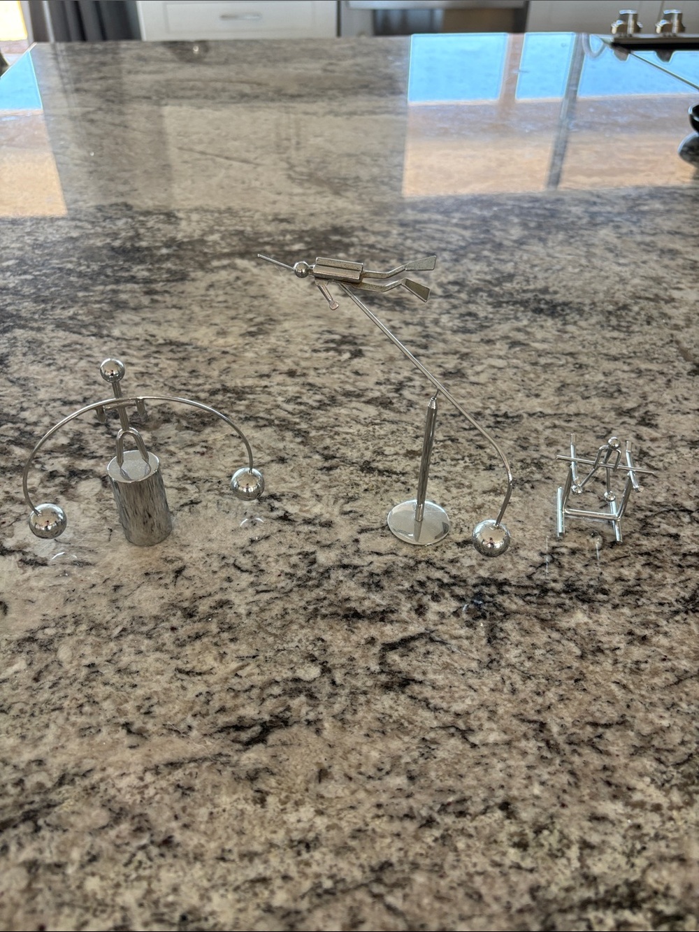 Silver Kinetic Desk Sculptures Set - Modern Balancing Mobiles